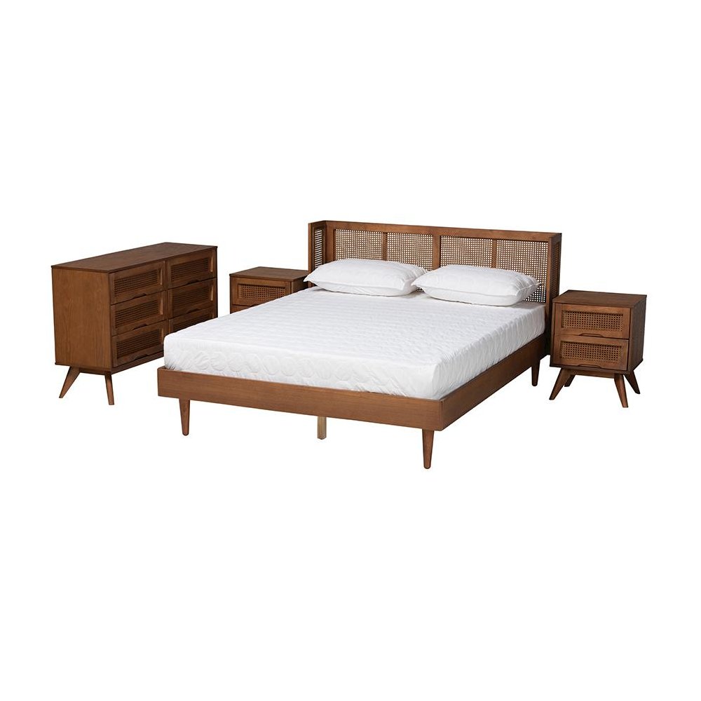 Ash Walnut Finished Wood 4-Piece King Size Bedroom Set with Synthetic Rattan. Picture 1