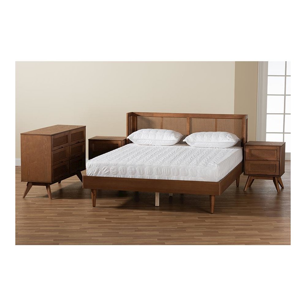 Ash Walnut Finished Wood 4-Piece King Size Bedroom Set with Synthetic Rattan. Picture 12
