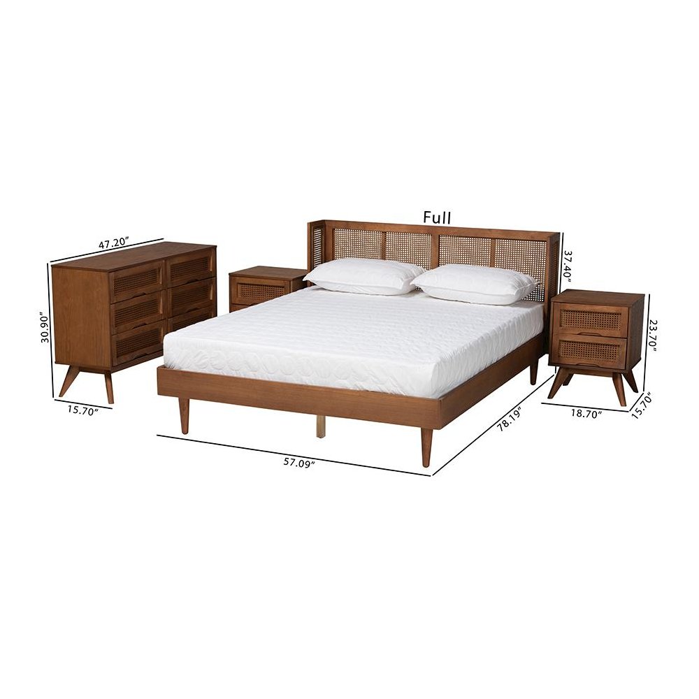 Ash Walnut Finished Wood 4-Piece King Size Bedroom Set with Synthetic Rattan. Picture 13