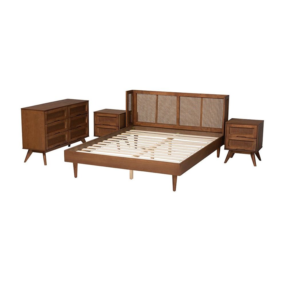 Ash Walnut Finished Wood 4-Piece King Size Bedroom Set with Synthetic Rattan. Picture 2