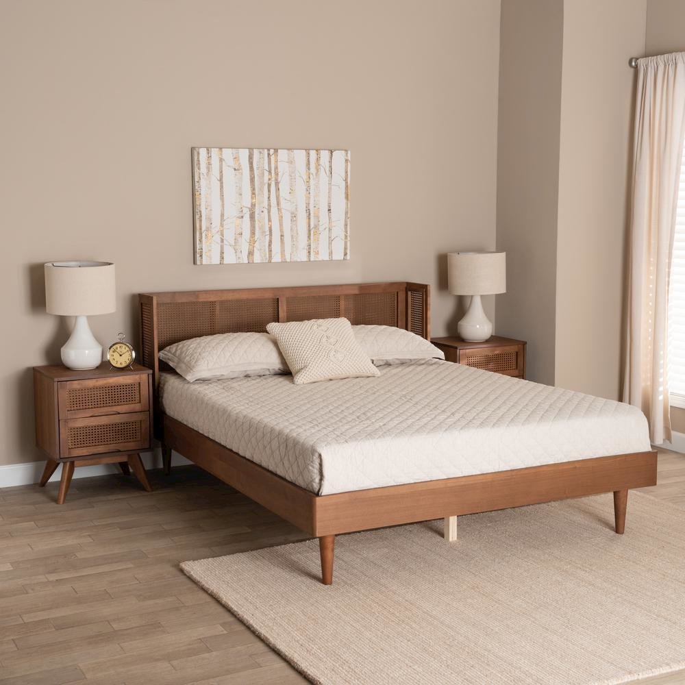 Ash Walnut Finished Wood 3-Piece Queen Size Bedroom Set with Synthetic Rattan. Picture 24