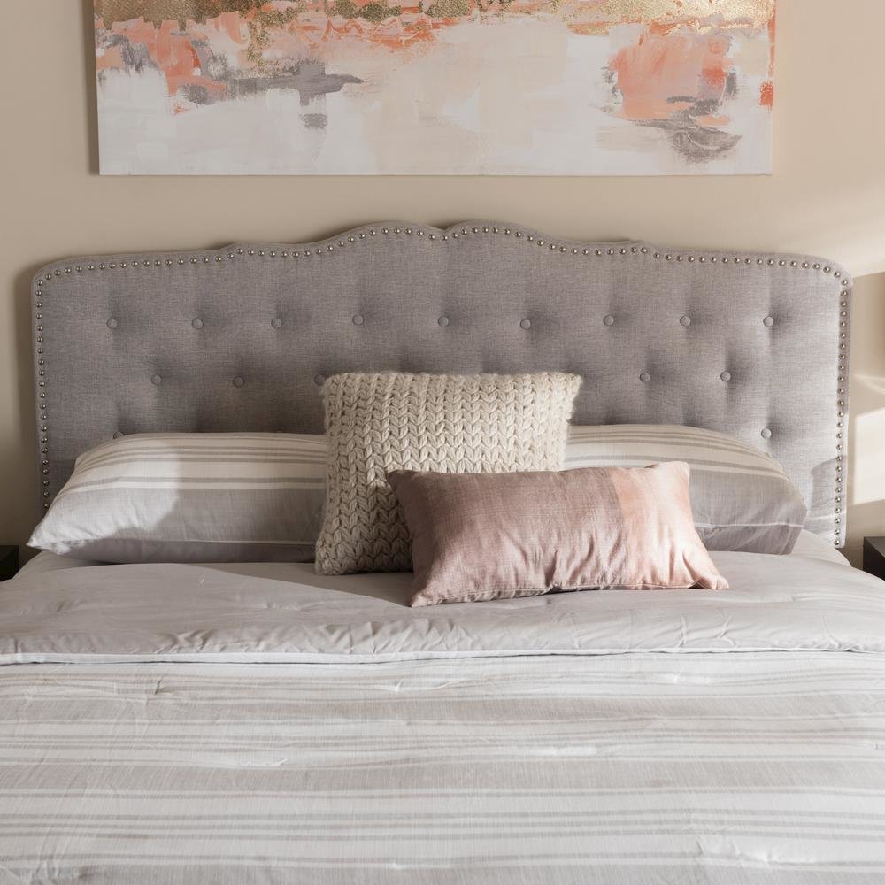 Lucy Modern and Contemporary Greyish Beige Fabric Queen Size Headboard. Picture 10