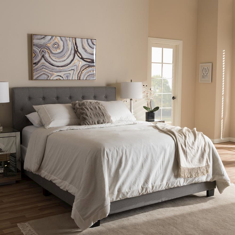 Cassandra Modern and Contemporary Light Grey Fabric Upholstered Queen Size Bed. Picture 14