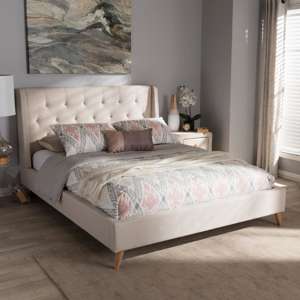Adelaide Retro Modern Light Beige Fabric Upholstered Queen Size Platform Bed. Picture 14