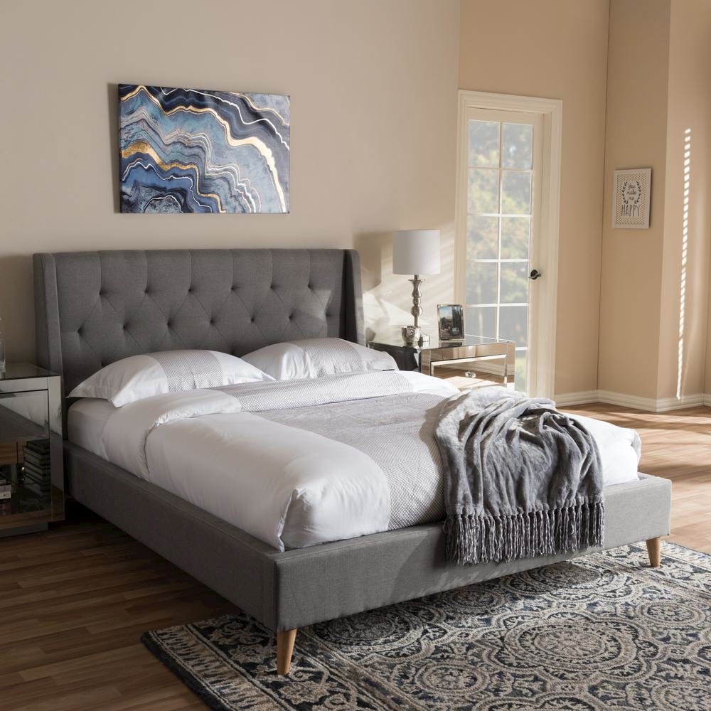 Adelaide Retro Modern Light Grey Fabric Upholstered King Size Platform Bed. Picture 14