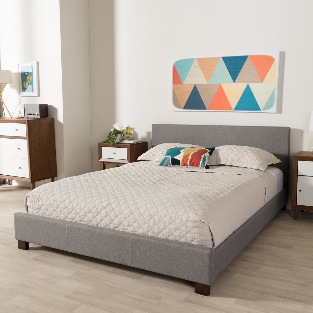 Grey Fabric Upholstered Panel-Stitched Queen Size Platform Bed. Picture 11