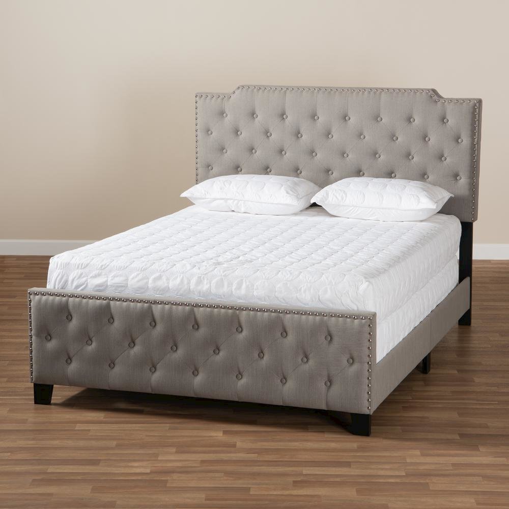 Transitional Grey Fabric Upholstered Button Tufted King Size Panel Bed. Picture 17