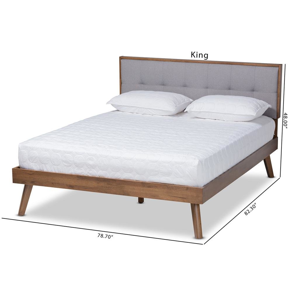 Light Grey Fabric Upholstered Walnut Brown Finished Wood King Size Platform Bed. Picture 20