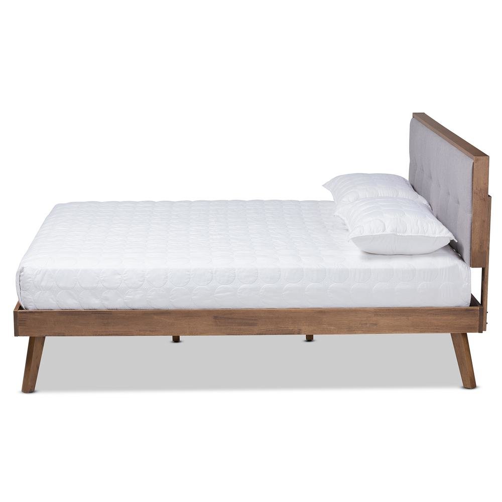 Light Grey Fabric Upholstered Walnut Brown Finished Wood King Size Platform Bed. Picture 12