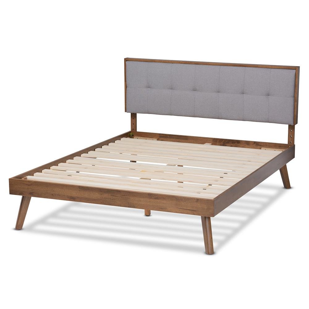 Light Grey Fabric Upholstered Walnut Brown Finished Wood King Size Platform Bed. Picture 13