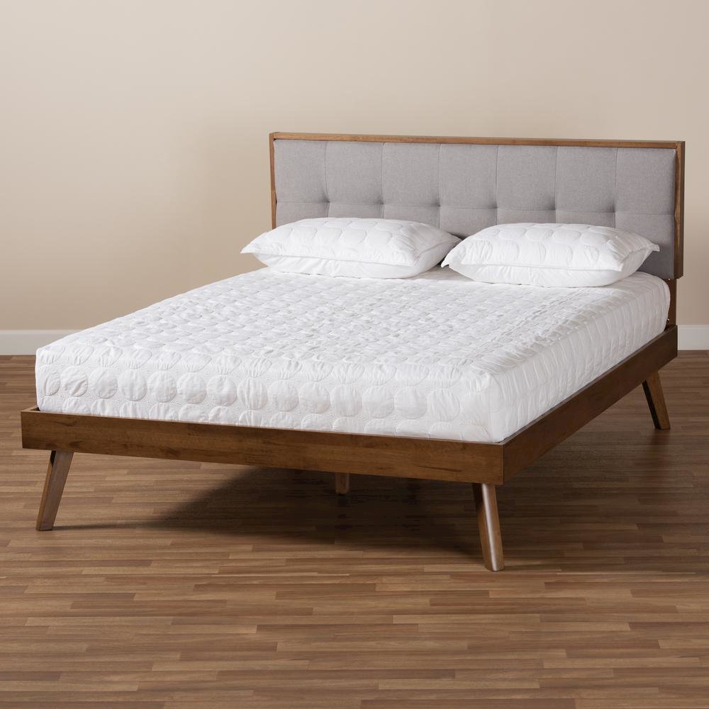 Light Grey Fabric Upholstered Walnut Brown Finished Wood King Size Platform Bed. Picture 17