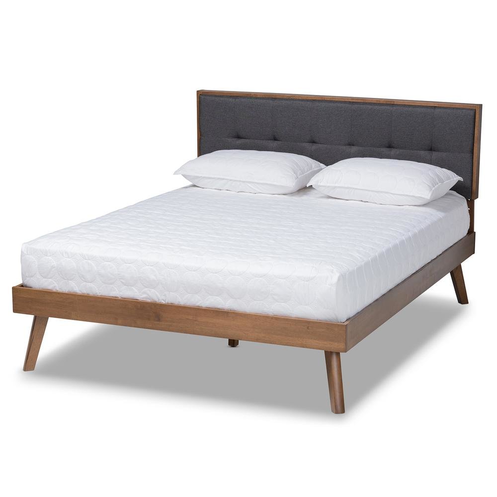 Dark Grey Fabric Upholstered Walnut Brown Finished Wood King Size Platform Bed. Picture 11