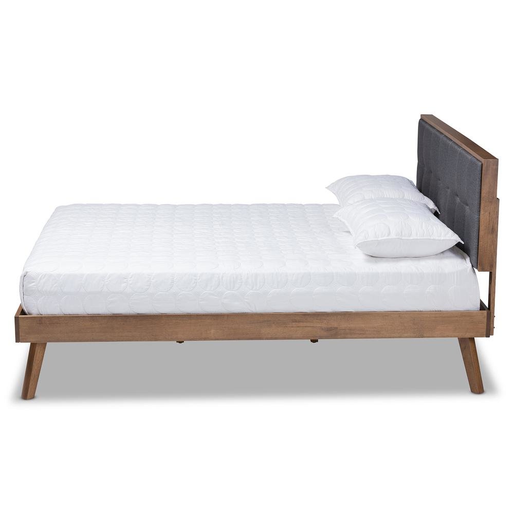 Dark Grey Fabric Upholstered Walnut Brown Finished Wood King Size Platform Bed. Picture 12