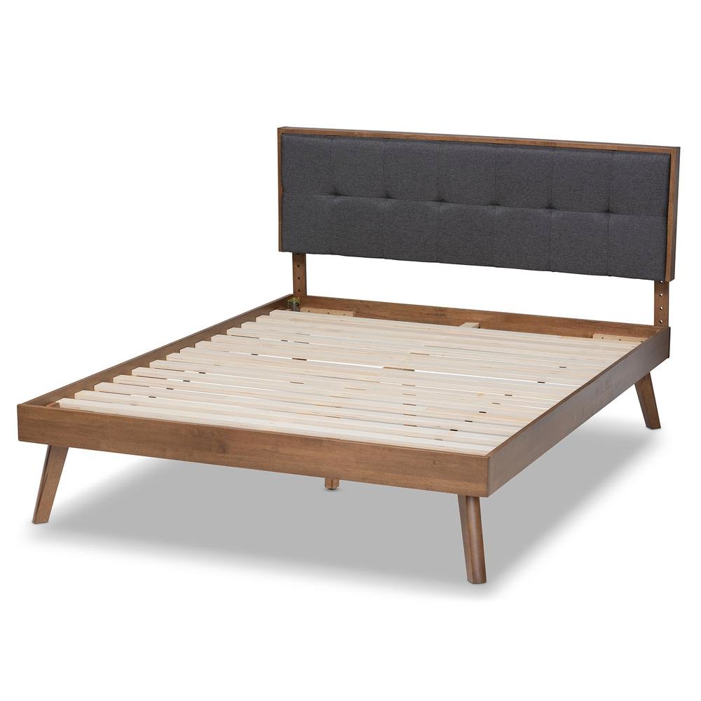 Dark Grey Fabric Upholstered Walnut Brown Finished Wood King Size Platform Bed. Picture 13