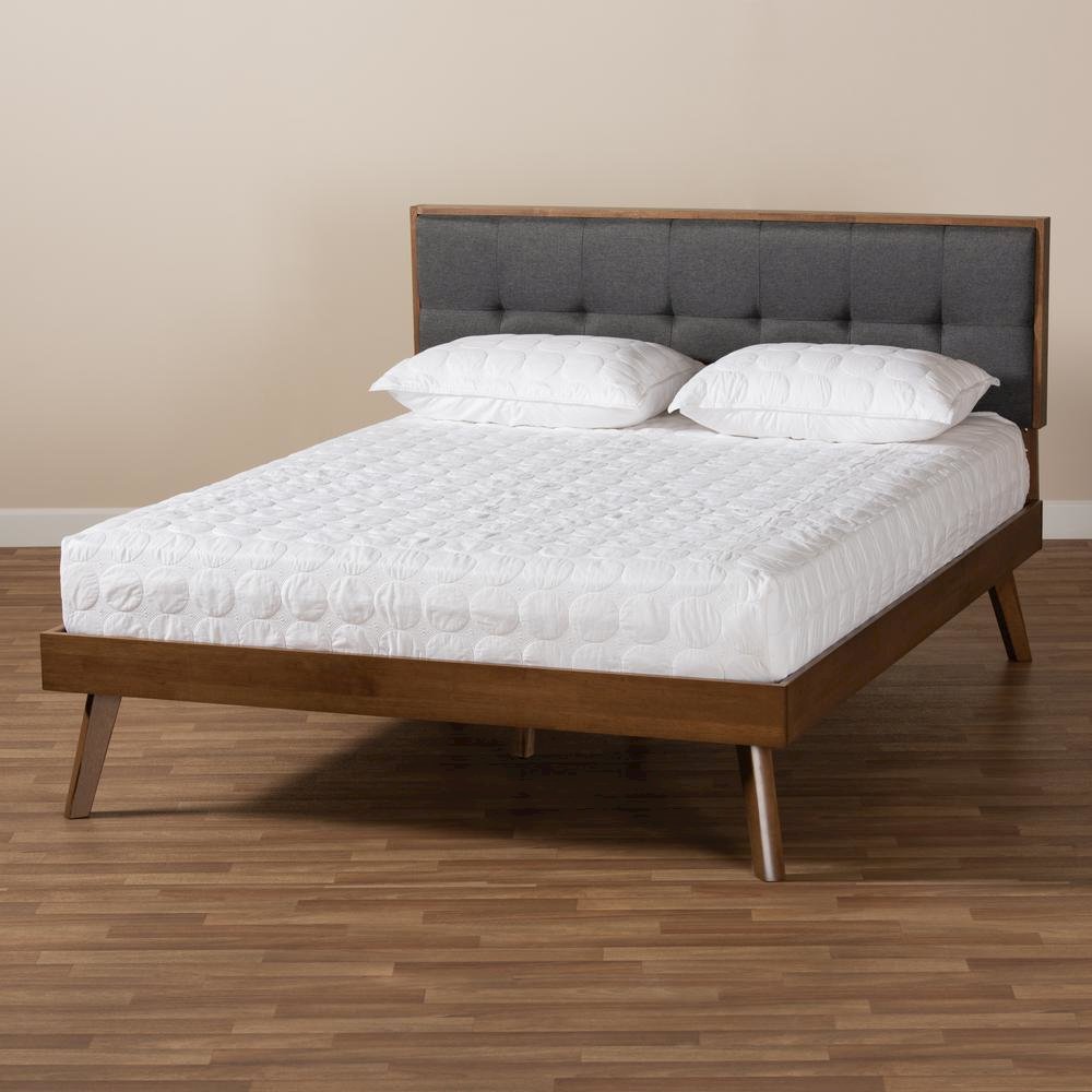 Dark Grey Fabric Upholstered Walnut Brown Finished Wood King Size Platform Bed. Picture 17