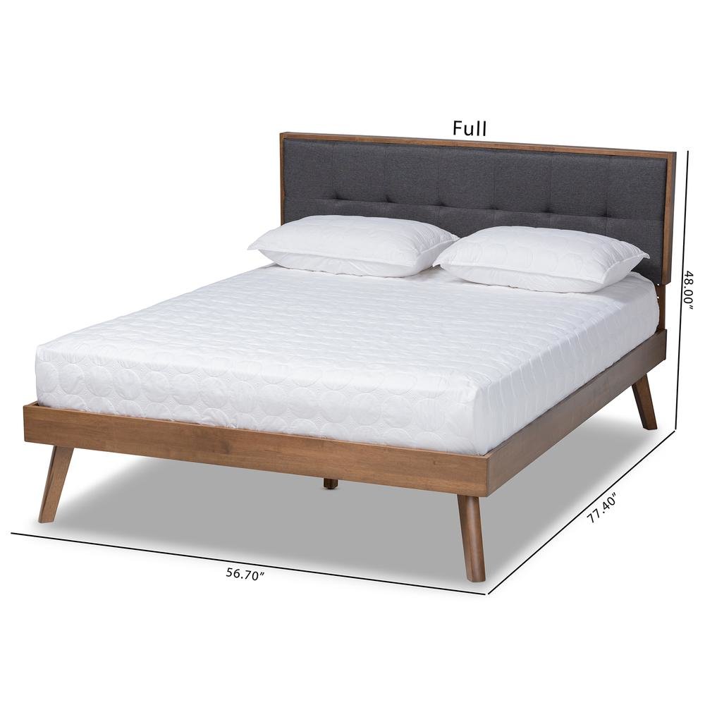 Dark Grey Fabric Upholstered Walnut Brown Finished Wood King Size Platform Bed. Picture 18