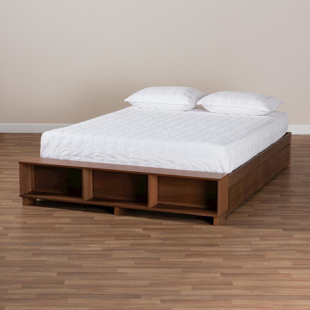 Walnut Brown Finished Wood King Size Platform Bed with Built-In Shelves. Picture 23