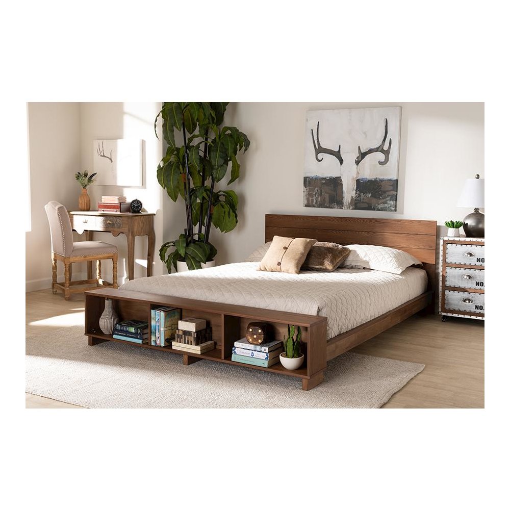 Walnut Brown Finished Wood Queen Size Platform Storage Bed with Built-In Shelves. Picture 21