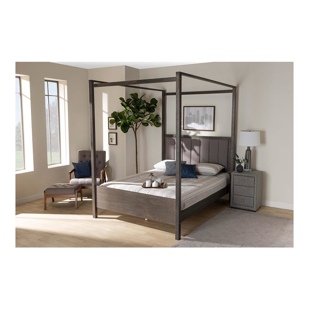 Dark Grey Oak Finished Wood King Size Platform Canopy Bed. Picture 19