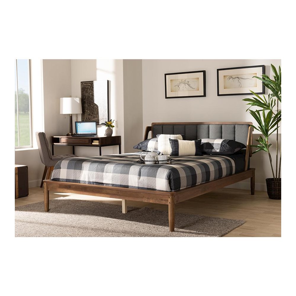 Dark Grey Fabric Upholstered and Walnut Finished Queen Size Platform Bed. Picture 21