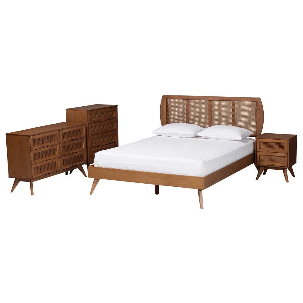 Modern Walnut Brown Finished Wood and Woven Rattan King Size 4-Piece Bedroom Set. Picture 16