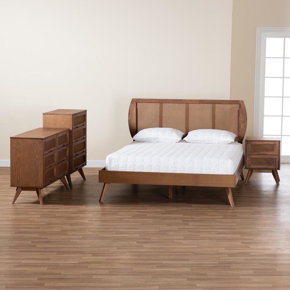 Modern Walnut Brown Finished Wood and Woven Rattan King Size 4-Piece Bedroom Set. Picture 28