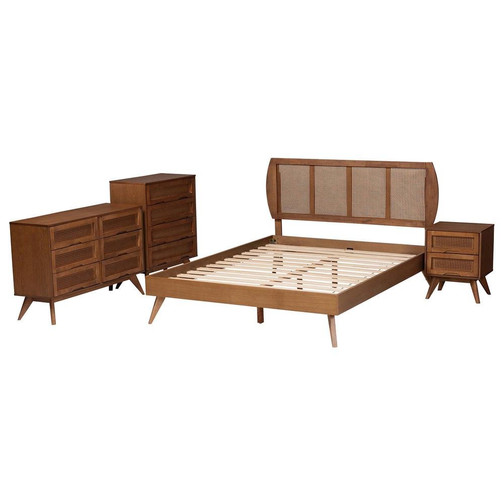 Modern Walnut Brown Finished Wood and Woven Rattan King Size 4-Piece Bedroom Set. Picture 17