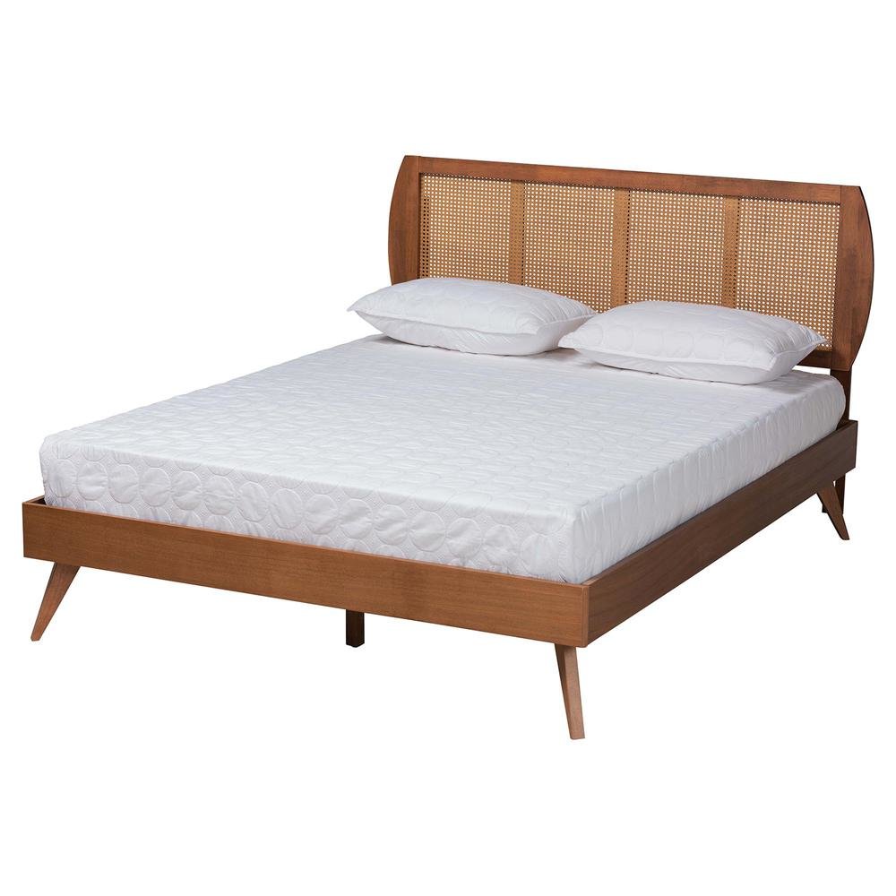 Modern Walnut Brown Finished Wood and Woven Rattan King Size 4-Piece Bedroom Set. Picture 18