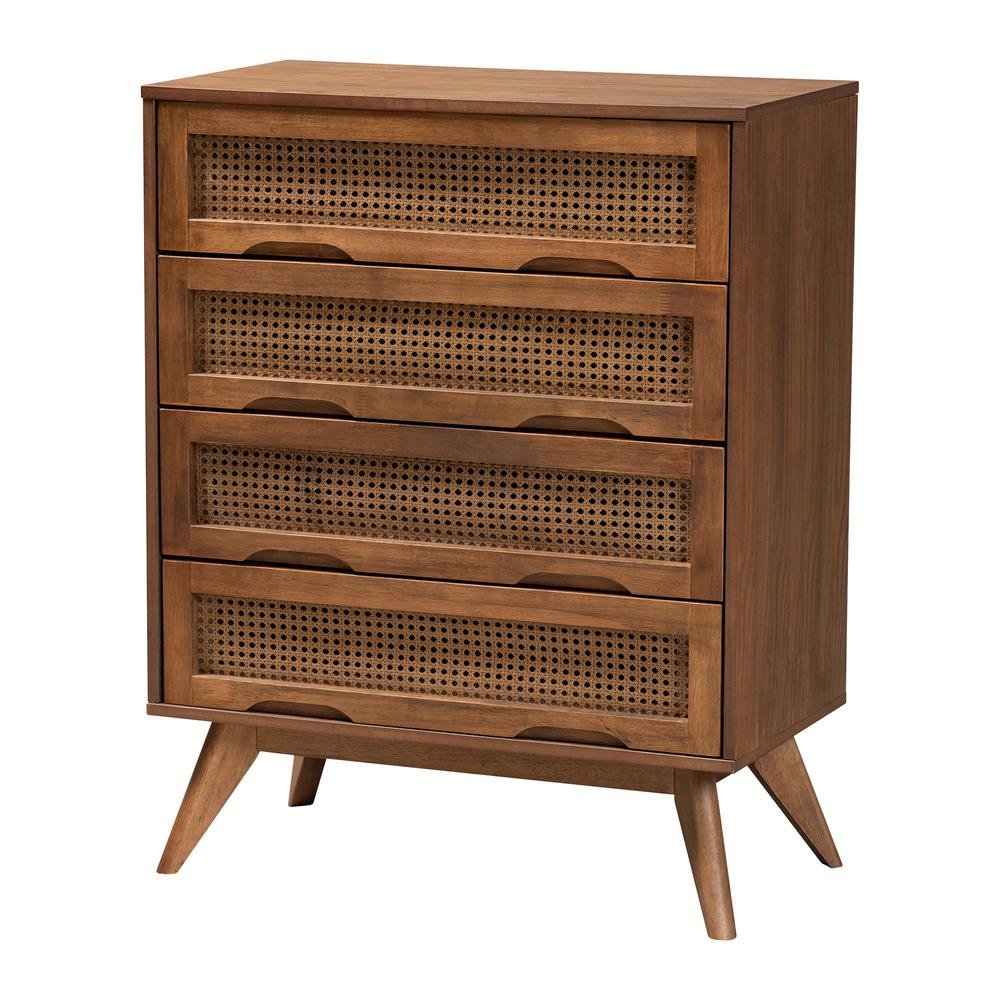 Modern Walnut Brown Finished Wood and Woven Rattan King Size 4-Piece Bedroom Set. Picture 20