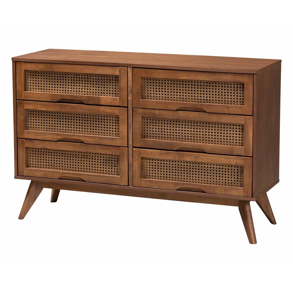 Modern Walnut Brown Finished Wood and Woven Rattan King Size 4-Piece Bedroom Set. Picture 21