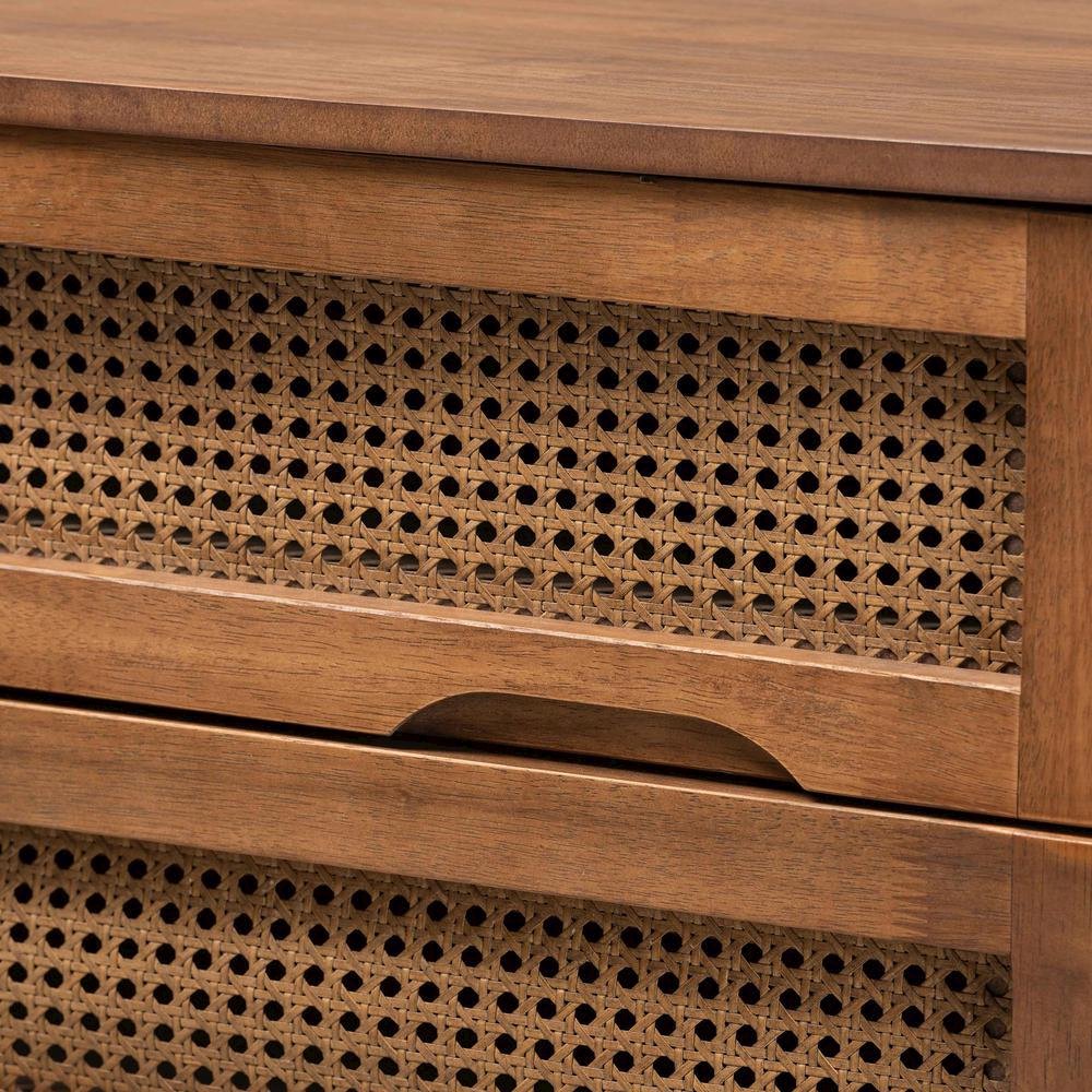 Modern Walnut Brown Finished Wood and Woven Rattan King Size 4-Piece Bedroom Set. Picture 22
