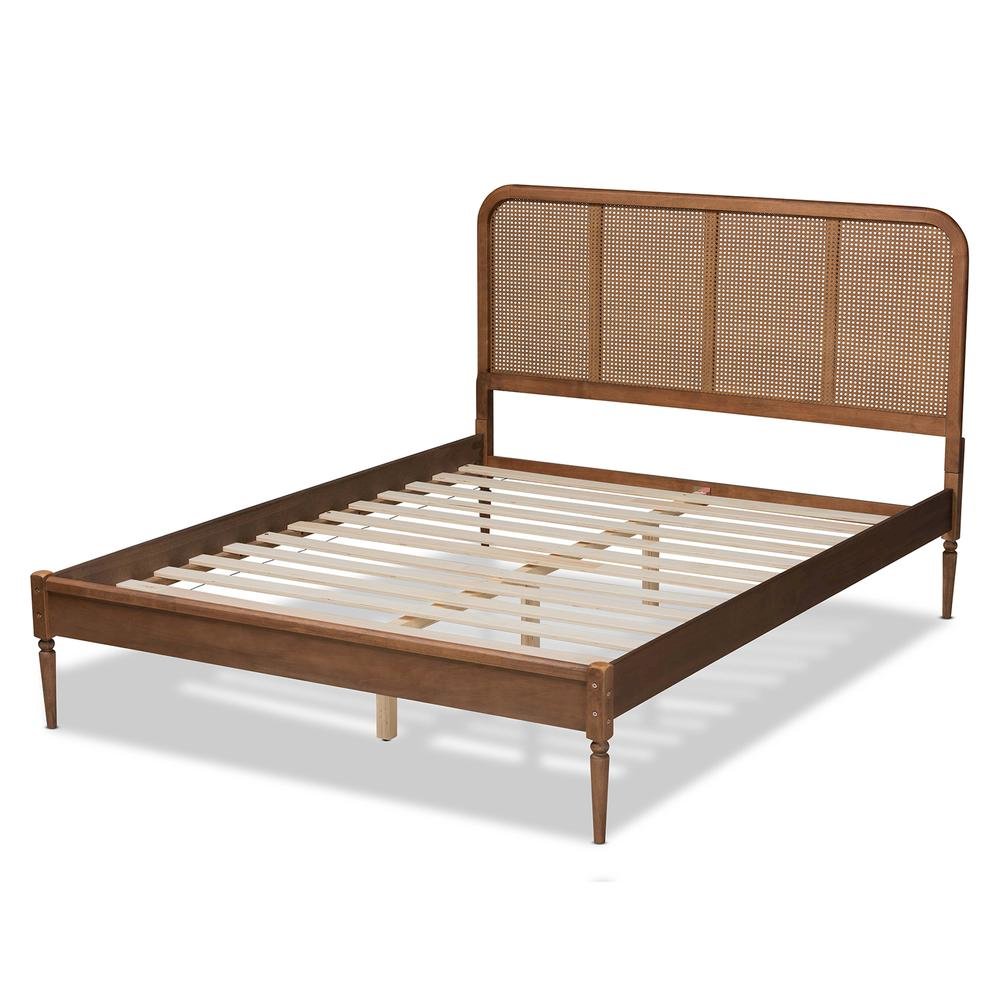 Walnut Brown Finished Wood and Synthetic Rattan King Size Platform Bed. Picture 14