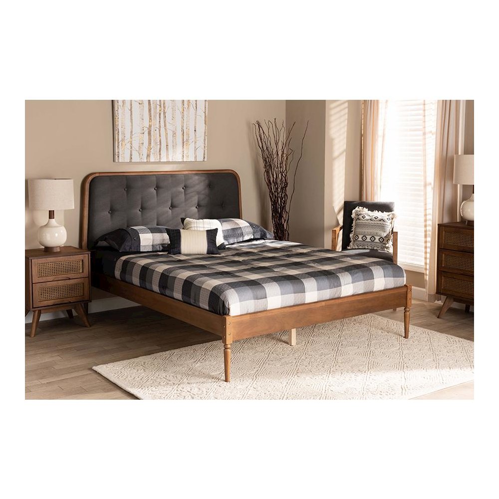 Baxton Studio Diantha Classic and Traditional Dark Grey Fabric Upholstered and Walnut Brown Finished Wood King Size Platform Bed. Picture 8