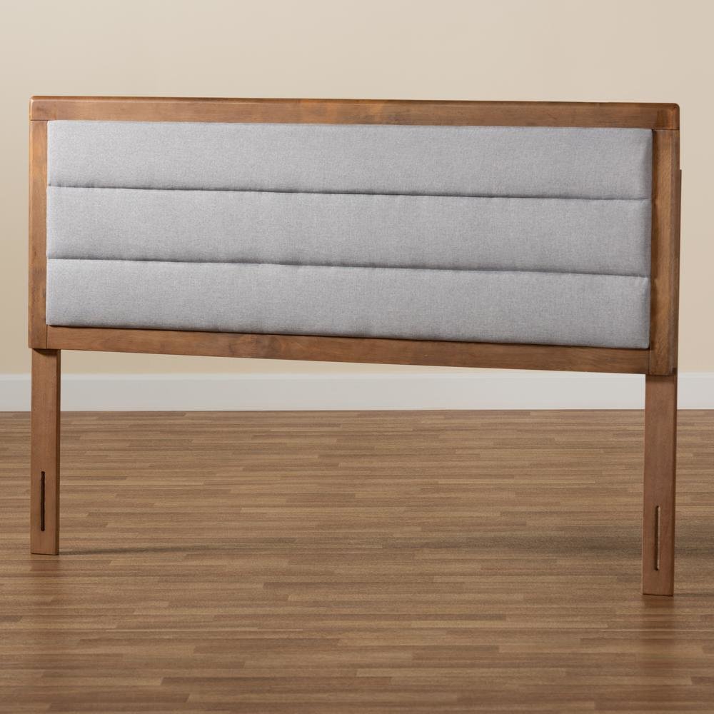 Light Grey Fabric Upholstered and Walnut Brown Finished Wood King Size Headboard. Picture 14
