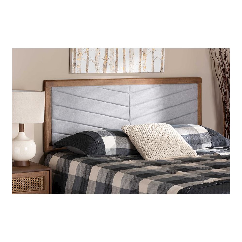 Light Grey Fabric Upholstered and Walnut Brown Finished Wood King Size Headboard. Picture 19