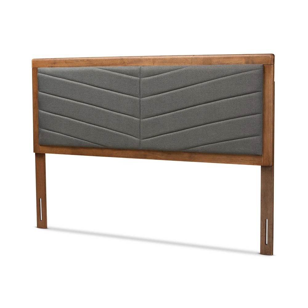 Dark Grey Fabric Upholstered and Walnut Brown Finished Wood Queen Size Headboard. Picture 10