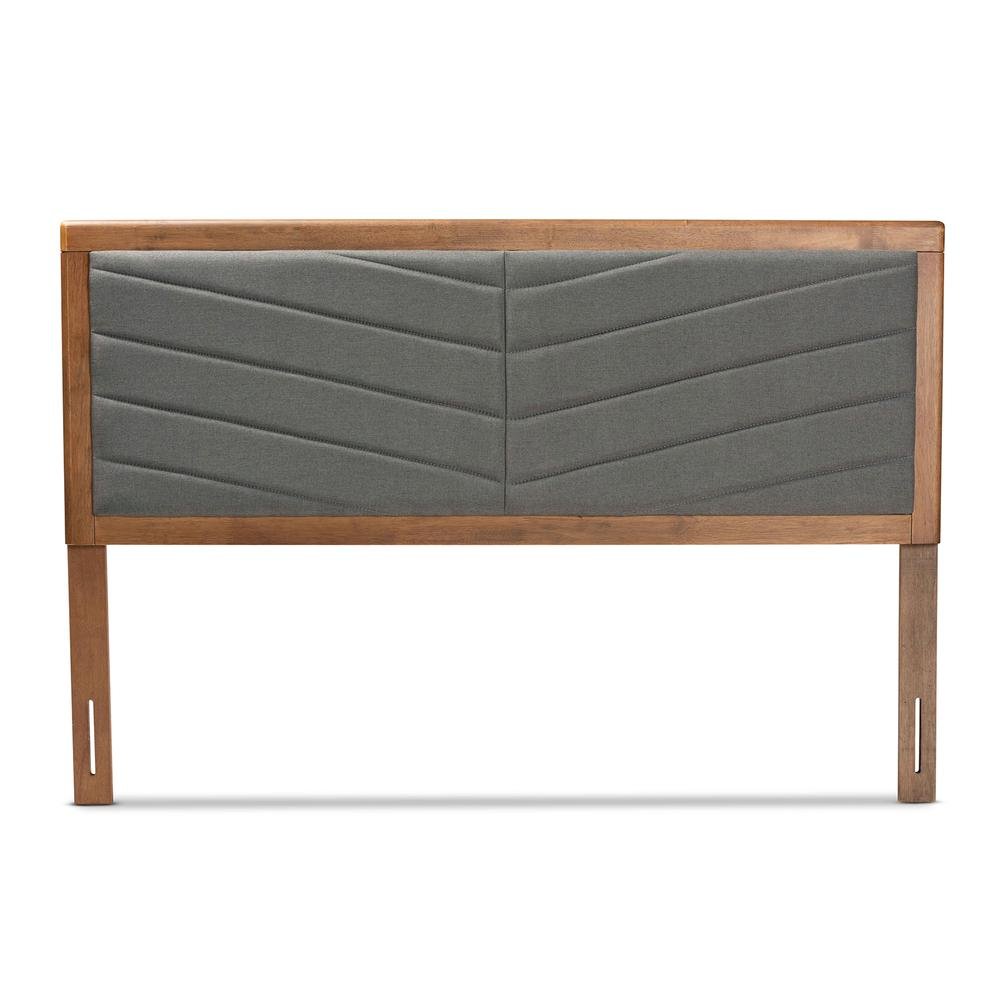 Dark Grey Fabric Upholstered and Walnut Brown Finished Wood Queen Size Headboard. Picture 11