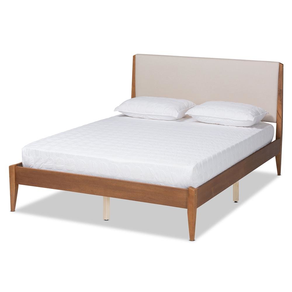 Beige Fabric Upholstered and Walnut Brown Finished Wood King Size Platform Bed. Picture 12