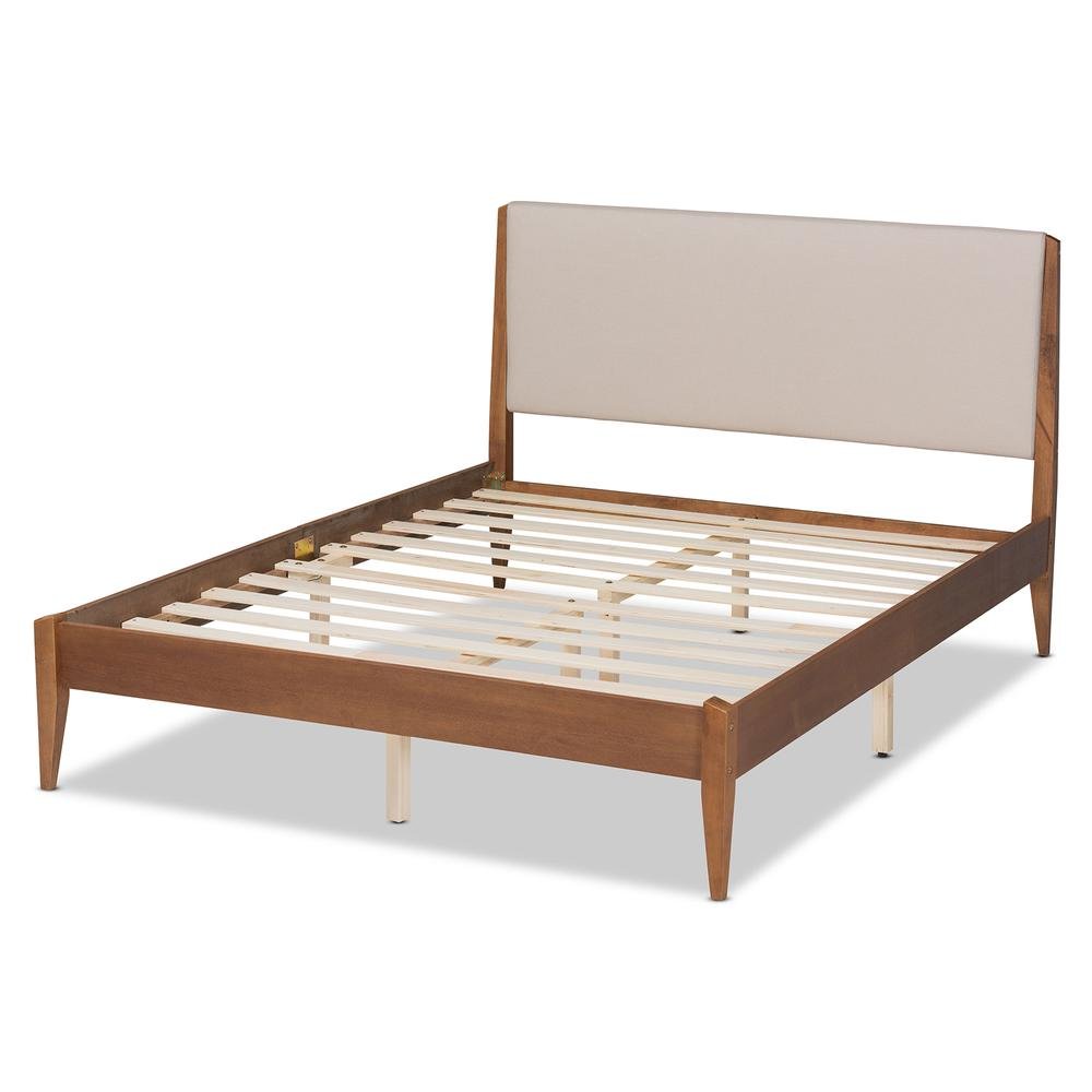 Beige Fabric Upholstered and Walnut Brown Finished Wood King Size Platform Bed. Picture 14
