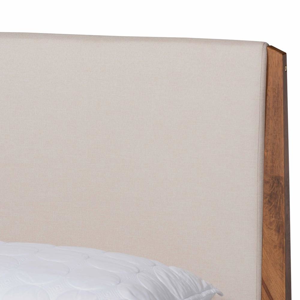 Beige Fabric Upholstered and Walnut Brown Finished Wood King Size Platform Bed. Picture 15