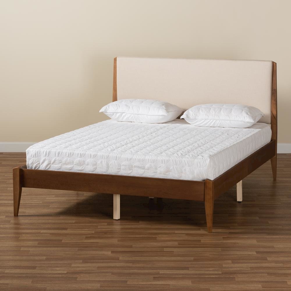 Beige Fabric Upholstered and Walnut Brown Finished Wood King Size Platform Bed. Picture 19