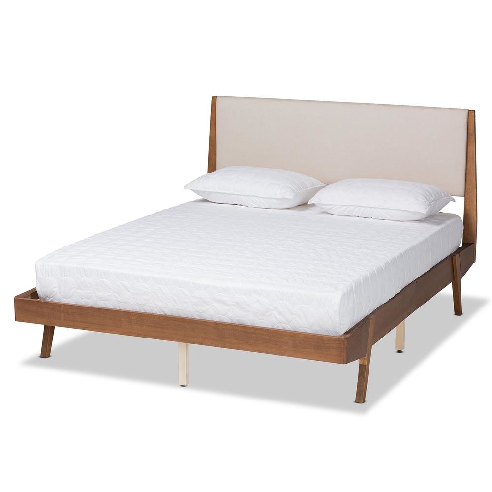 Beige Fabric Upholstered and Walnut Brown Finished Wood King Size Platform Bed. Picture 12
