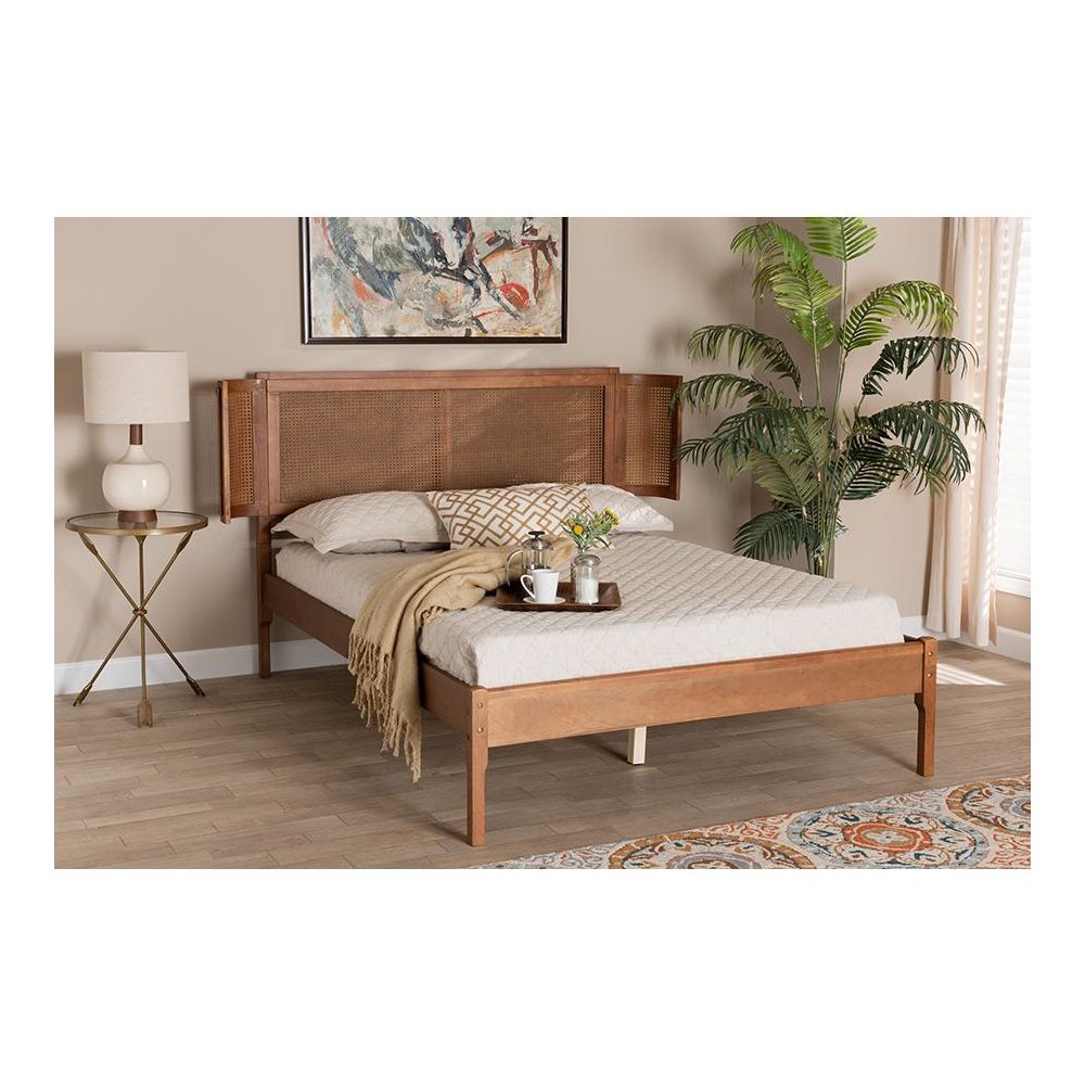 Walnut Brown Finished Wood and Natural Rattan Queen Size Platform Bed. Picture 21