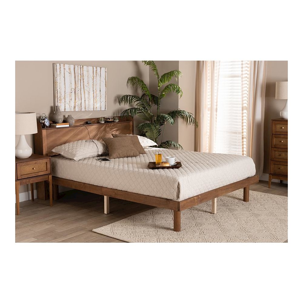 Walnut Brown Finished Wood Queen Size Platform Bed with Charging Station. Picture 23