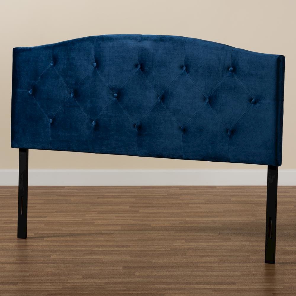 Navy Blue Velvet Fabric Upholstered King Size Headboard. Picture 13