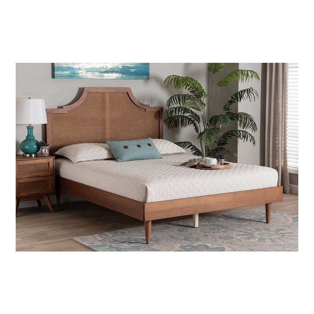 Macaria Mid-Century Modern Ash Walnut Woven Rattan King Size Bed. Picture 23