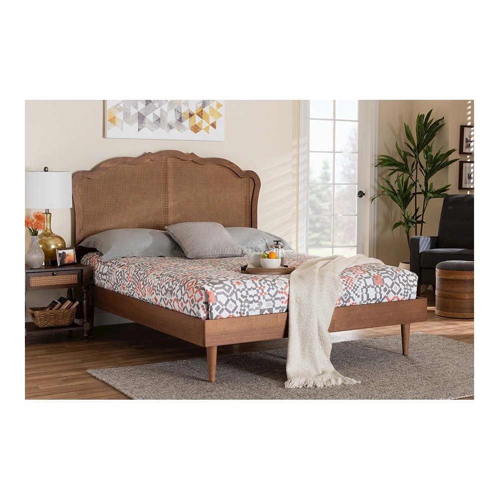 Camden Mid-Century Walnut Brown Wood and Rattan King Size Platform Bed. Picture 23
