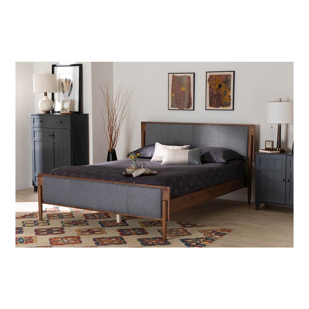 Grey Fabric and Ash Walnut Finished Wood King Size Platform Bed. Picture 21