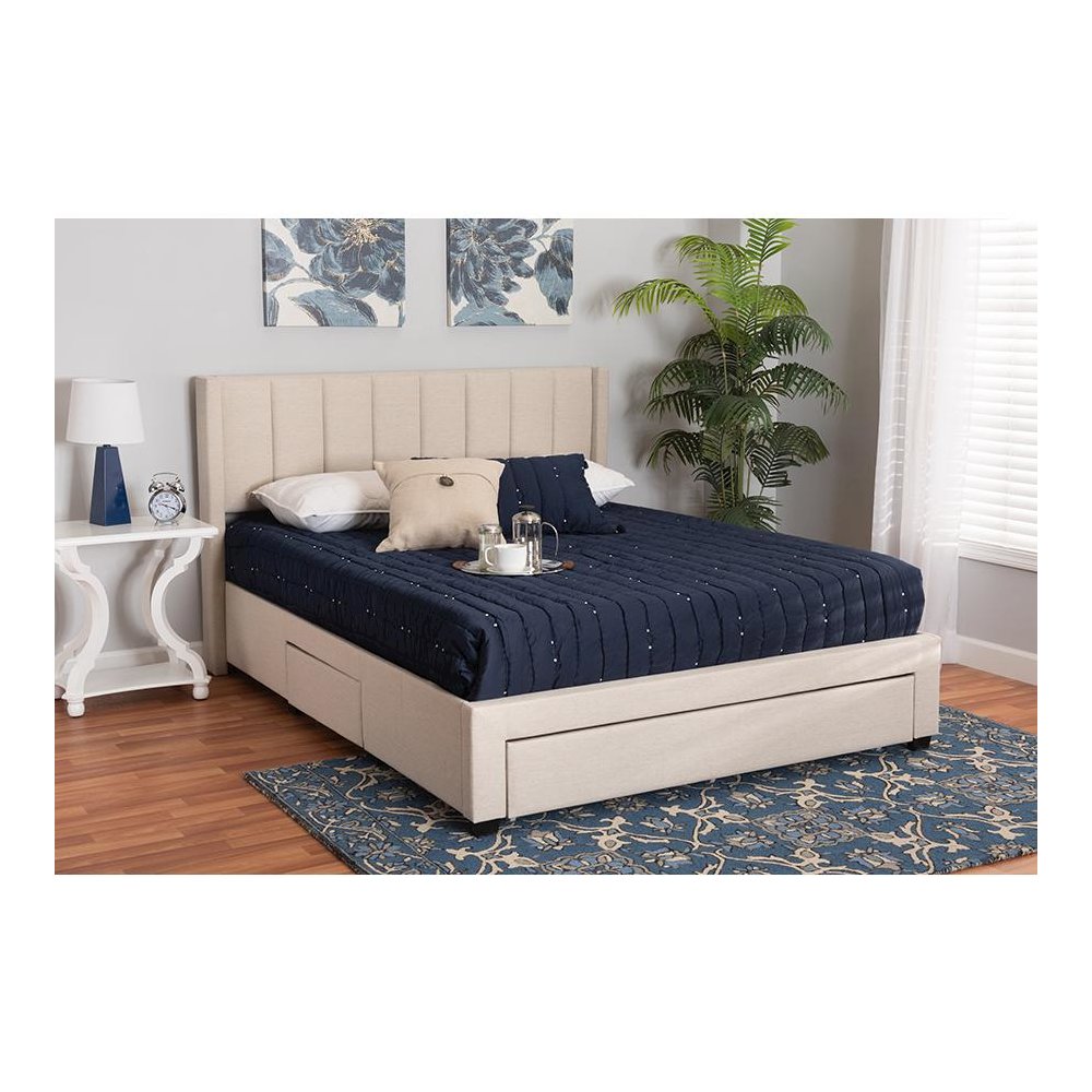 Transitional Beige Fabric Queen Size 3-Drawer Storage Platform Bed. Picture 29