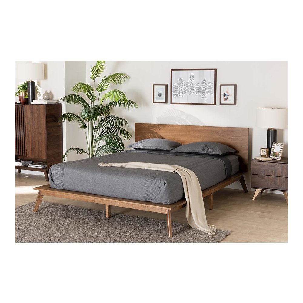 Wheatley Mid-Century Modern Walnut Brown Finished Wood King Size Platform Bed. Picture 21